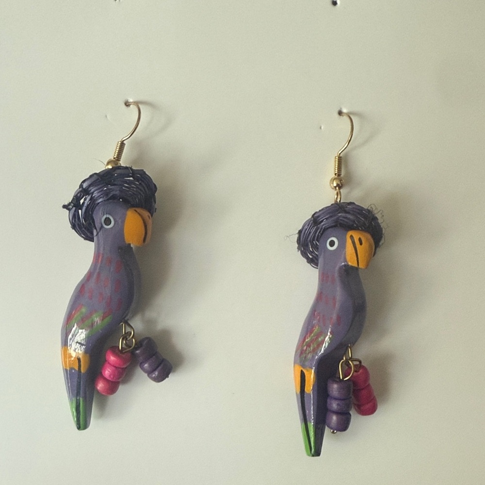 Colorful Whimsical Vintage Parrot Bird Dangle Earrings with Hats